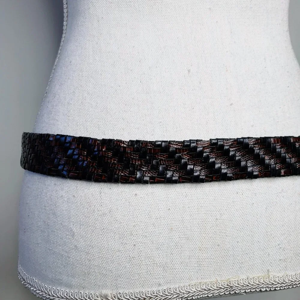 Brighton Cross Woven Distressed Buckle Belt Womens Croc Embossed Panel 38